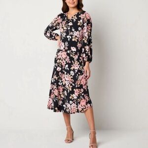 Robbie Bee Black Pink Floral Midi Dress